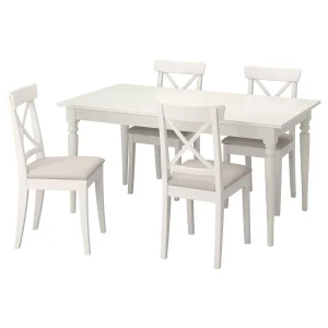 Table and Chair Set - 4 Person, White/Beige