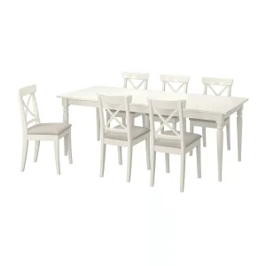 Table and Chair Set - 6 Seat, White/Beige